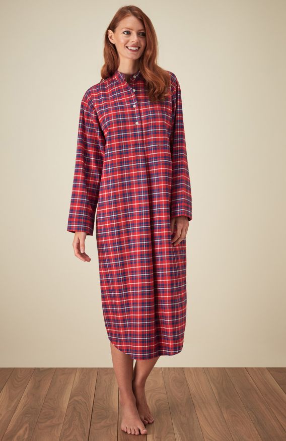 Tartan Brushed Cotton Grandad Collar Nightshirt - : Bonsoir