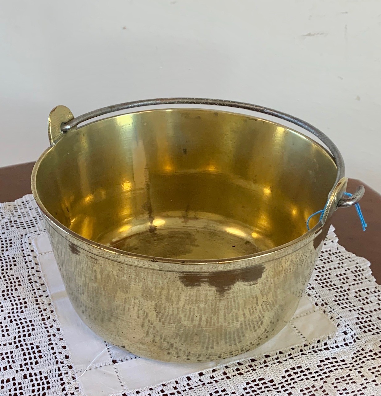 Unusual sized Victorian jam pan with swing handle. Made of heavy gauge..