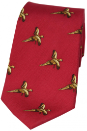Country Silk Tie - Flying Pheasant on Red