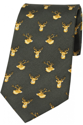 Country Silk Tie - Stags Heads on Green