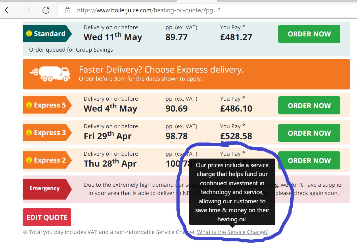 Boilerjuice massively increases it's service charge to £9.98 per order