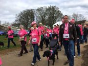 Some of the jhai Northampton team participating in the Crazy Hats sponsored walk with Nelly the dog