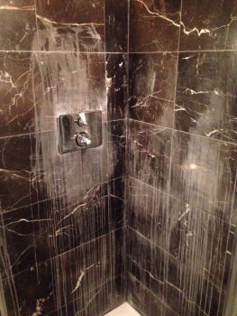 Marble in shower ruined by cleaning with general purpose bathroom spray - site visited by LTP