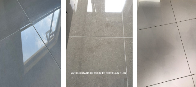 Various stains on polished porcelain tiles