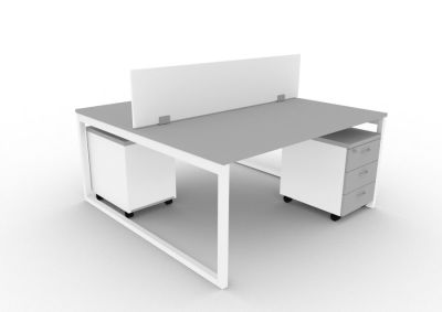 2 Person Bench Desk With Screen Divider And Pedestal Coda